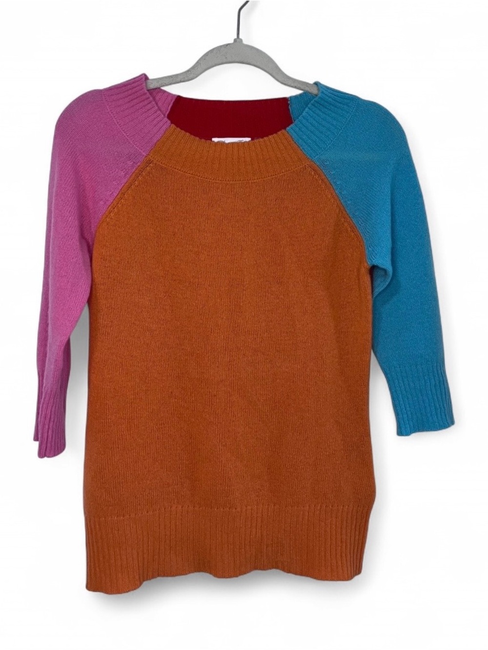 Minnie Rose 100% Cashmere Colorblock Sweater Quarter Sleeve Scoop Neck Small